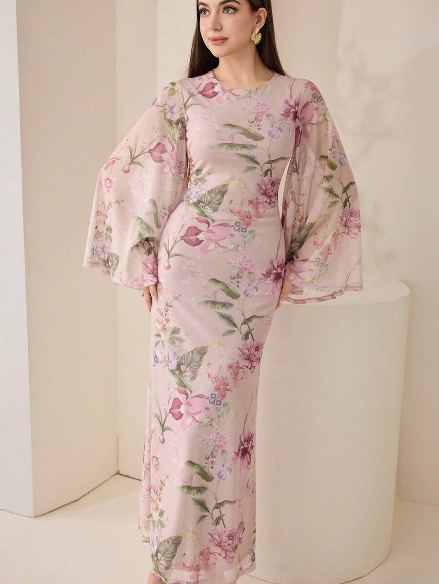 Veilorie 女士印花圆领喇叭袖修身优雅连衣裙 - 彩色 - 查看 1