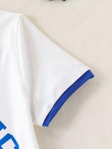 SHEIN Casuvi Kids Girls'Oversized T-Shirt,White,Summer,Casual,School,Back-To-School,Loose American Style Letter&Number Print Round Neck Color Block Short Sleeve Top - White - View 7