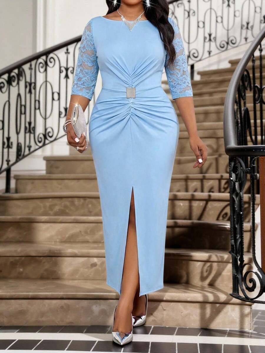 Fleurora Váy ôm sát tay cao xẻ tà ren thêu hoa thanh lịch dành cho nữ cỡ lớn