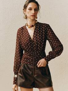 Arave Damen V-Ausschnitt Polka Dot Bluse - Kaffeebraun - Übersicht 5