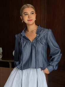 Livesso Loose Fit Tie Front Denim Blouse For Women - Blue - View 7
