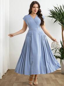 Modelyn Plus Size Elegant Solid Color Pleated Dress, Summer - Blue - View 2