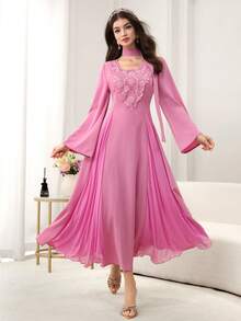 Al Najma V-Neck Beaded Embroidered Floral Tie Mesh Splice Fitted Long Sleeve Elegant Flared Hem Women Evening Gown Dress, Pink - Hot Pink - View 4