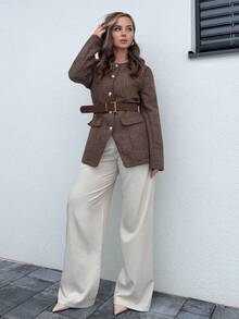 Jeta Ari 女士优雅圆领修身格子粗花呢西装外套，秋冬 - 卡其色 - 查看 5