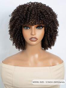Density Pro Brown Afro Curly Bob Wig With Bangs Human Hair Short Bouncy Coil Curl Bob Bang Wig Wear And Go 12 Inch Afro Coli Curl Wig 200% Density Glueless Non Lace Machine Made Wig Small Tight Curl Soft Brazilian Remy Hair - S4 - View 3