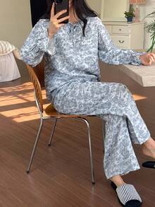 DAZY Dreamy Elegant Floral All-Over Print Frill Trim Tie Neck Loose Women Pajama Set - Blue - View 4