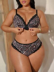 Bare Chapter Plus Size Sexy 2-Piece Set, Animal Print Leopard Pattern Silky Top With Lace Trim + Panties - Multicolor - View 1
