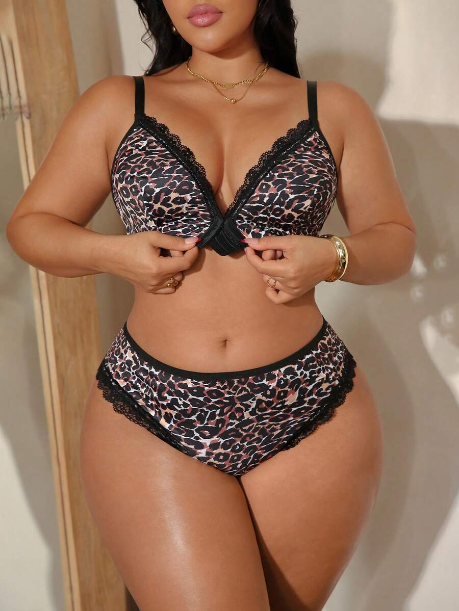 Bare Chapter Plus Size Sexy 2-Piece Set, Animal Print Leopard Pattern Silky Top With Lace Trim + Panties - Multicolor - View 1