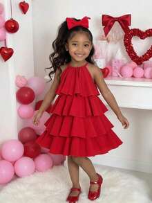 Young Girl's Elegant Layered Cake Halter Dress, Red, Suitable For Summer, Valentine's Day, Vacation, Girls' Valentine's Day Dress, Valentine's Day Gift - Red - View 4