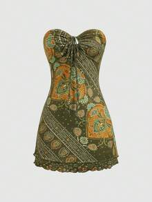 Flirla Fashionable Women's Multi-Color Vacation Style Printed Tube Dress - Green - View 3