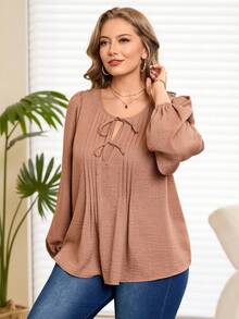 Rosumi Plus Size Casual Dusty Rose Blouse,Autumn Elegant Everyday Solid Color Shirt With Drawstring Lantern Sleeve,Commuter Light Brown Tie Front Top - Camel - View 8
