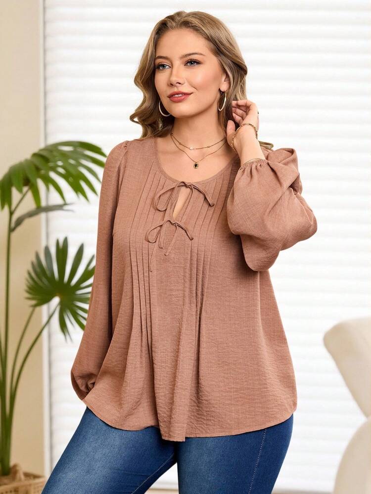 Plus Size Casual Versatile Commuter Solid Color Shirt With Drawstring Lantern Sleeve Blouse Light Brown Top Valentine Spring Break Summer Holiday Carnival Weddings & Events Elegant,Vacation Spring To Summer Tie Front Blouse
