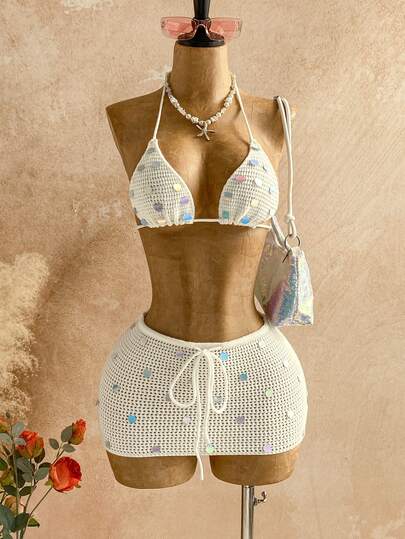 Soleia Women's Vacation Sequin Cropped Halter Knit Top And Knitted Mini Skirt 2 Pieces Set