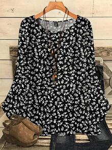 EMERY ROSE 大码女式休闲碎花宽松圆领七分袖衬衫 - 彩色 - 查看 1