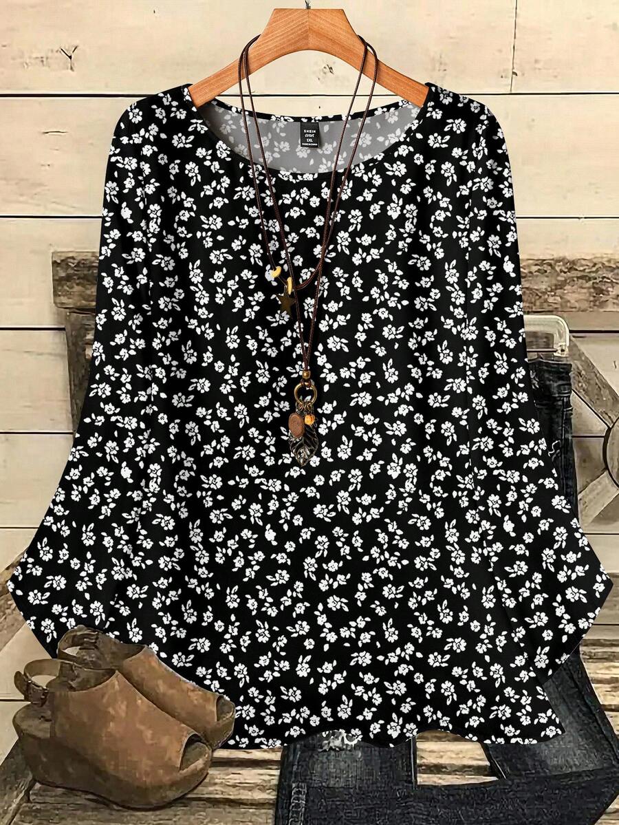 EMERY ROSE 大码女式休闲碎花宽松圆领七分袖衬衫 - 彩色 - 查看 1