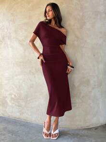 Aloruh Women's Commuter, Casual, Office Ruched Bodycon Mid-Length Dress, Spring/Summer - Maroon - View 5