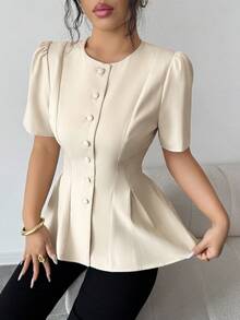 Elenzga 女士纯色圆领纽扣A字短袖杏色优雅衬衫，精致优雅的法式复古浪漫简约风，适合办公室、通勤、商务、休闲、海滩、日常穿着，春夏新品 - 杏色 - 查看 7