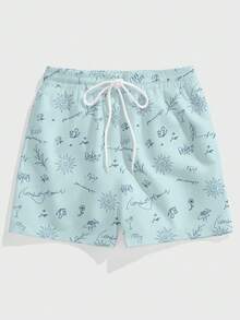 Manfinity RSRT 男士沙滩短裤，极简时尚素描印花度假风沙滩短裤，网眼内衬 - 彩色 - 查看 6