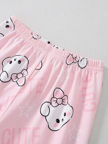 2 Random Sets Out Of 4 Cute Rabbit Print Blue & Pink Knitted Elastic Fabric Comfortable Loose Short Sleeve Top And Pants Girls Pajamas Sets - Multicolor - View 5