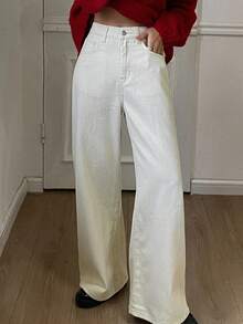 DAZY Damen Lässig einfarbige Schlagjeans, Herbst/Winter - Beige - Übersicht 3