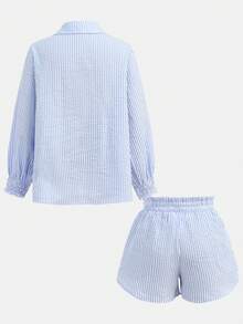 SHEIN Tween Girls Casual Everyday Polo Collar Textured Blue & White Striped Shirt + Shorts 2 Pieces Set - Blue and White - View 4