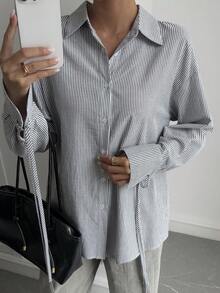 Livesso Chemise femme à manches longues, style décontracté chic, avec design à dos nu et liens, rayures, pour le printemps/été. pour le bureau et la rue - Gris - Voir 6