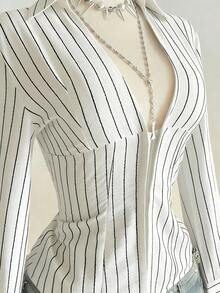 Elamini 1pc Black V-Neck Striped Collar Slim Fit Button-Up Long Sleeve Sexy Blouse For Commuting & Daily Wear, Winter - White - View 4
