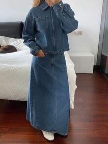 Livesso 女士休闲牛仔外套和裙子套装，秋季 - 藍色 - 查看 5