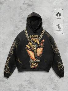 ROMWE MEN Street Life 朋克风街头印花连帽卫衣，男士秋冬款，长袖上衣 - 黑色 - 查看 1