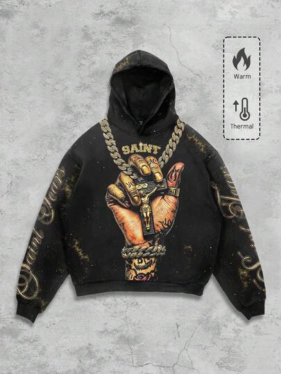 Street Life Punk Style Street Graphic Print Hoodie Sweatshirt For Men, Fall Winter, Long Sleeve Top