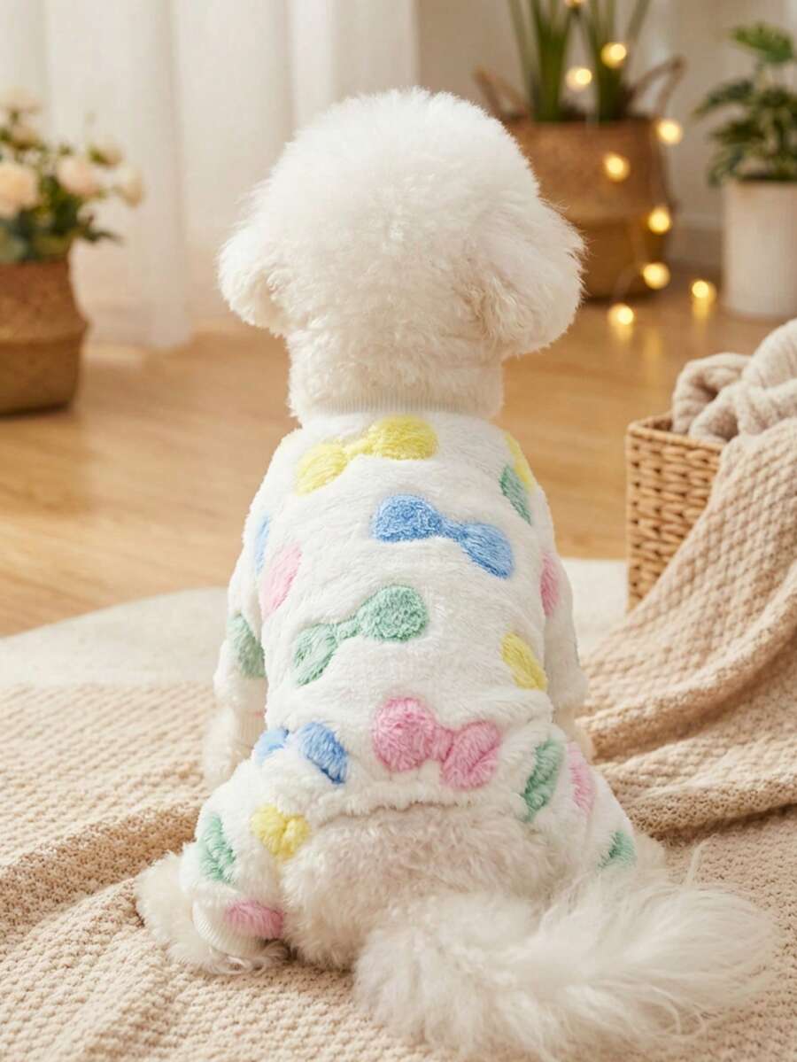 PETSIN 1pc Colorful Bow Print Pet Jumpsuit Autumn And Winter Thick Warm Flannel Pet Clothing - Multicolor - View 1