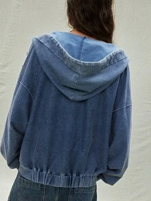 SoleilVie 女士连帽水洗做旧牛仔布效果花卉蕾丝铆钉复古夹克 - 藍色 - 查看 4