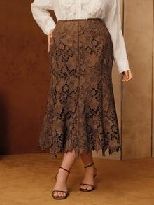 Anewsta Plus Size Women Lace Hollow Out Pencil Skirt, Coffee Color, Elegant Vintage Style, Slimming, Suitable For Spring And Autumn - Coffee Brown - View 3