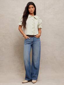 WESTFADE Striped Woven Ruffle Peter Pan Collar Button Front Top - Green - View 3