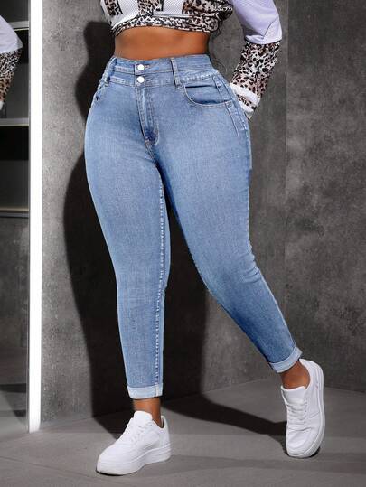 Slaydiva Plus Size Blue Stretch Skinny Cropped Denim Jeans Winter Jeans Winter Women's Jeans Women Jeans Skinny Stretch Jeans Curve Women High Waisted Denim Curled Hem Pants