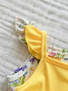 SHEIN Vintaside Kids 2pcs/Set Young Girls Floral Print Sleeveless A-Line Elastic Waist Dress, Suitable For Casual, Beach, Holiday Wear, Summer - Yellow - View 6