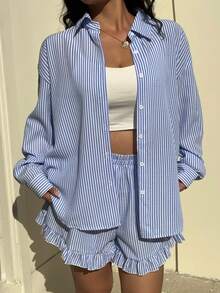 Sunnyshic 2pcs Women Striped Print Sleeveless Collared Embroidered Shirt & Elastic Waist Casual Shorts Set, Spring/Summer - Blue and White - View 1