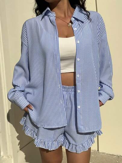 Sunnyshic 2pcs Women Striped Print Sleeveless Collared Embroidered Shirt & Elastic Waist Casual Shorts Set, Spring/Summer