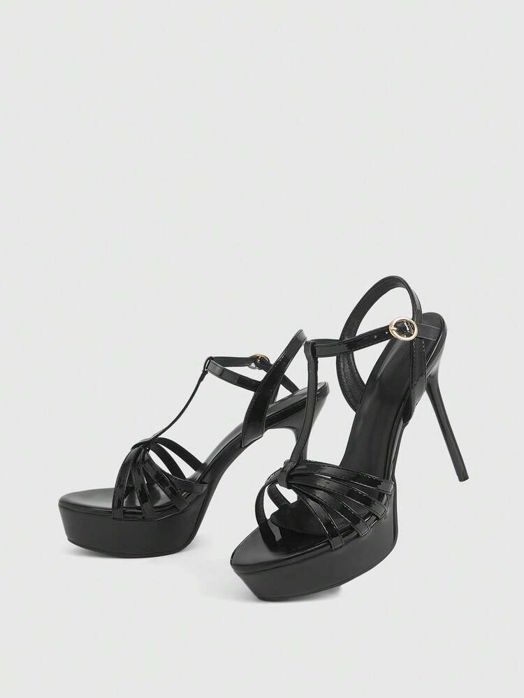 CUCCOO LuxiPop Women's High Heel Sandals With Multiple Crossing Straps, T-Strap, Round Toe, Stiletto Heel, Waterproof Platform, Saddled Strap, Elegant, Fashionable, Sexy Club Style 2000s Style