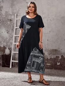 EMERY ROSE Plus Size Casual Floral Print Patchwork Dress,Summer Holiday Outfits,Boho Bohemian Vacation Dress,Black And White,Summer,Boho,Holiday - Multicolor - View 4