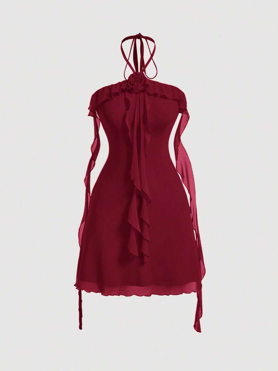 SHEIN MOD Wine Red Halter Neck Floral Decor Ruffle Collar Tie Romantic Stretch Knit Mesh Women Dress - Burgundy - View 1
