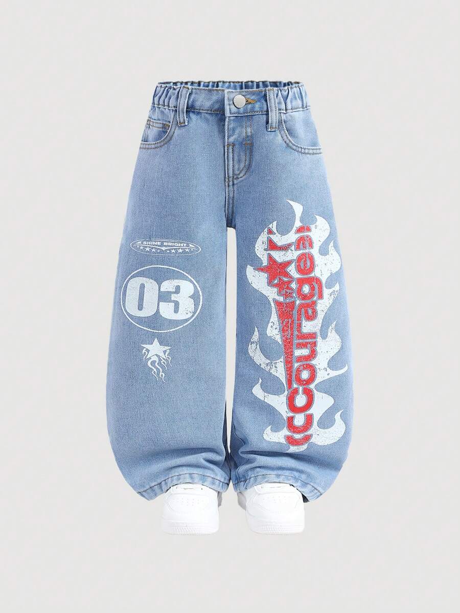 Young Boy Spring Summer Distressed Stylish Flame & Letter Print Loose Fit Blue Denim Baggy Jeans,Suitable For Boys Playful Style,Comfortable For Boys Daily Wear And Outings Spring Summer Baggy Jeans,Carnival Boys Look 2026,Boys Party Clothes,Summer Vacation Outfits,Graphic Jeans Boys - Light Wash - View 1
