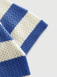 ROMWE MEN Áo len nam cổ bẻ thêu họa tiết sọc - Màu xanh lam - Xem 4