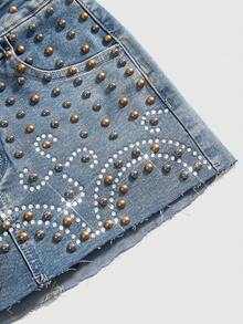 ROMWE J-Fashion 女士复古Y2K铆钉装饰超低腰迷你牛仔裙 - 藍色 - 查看 3