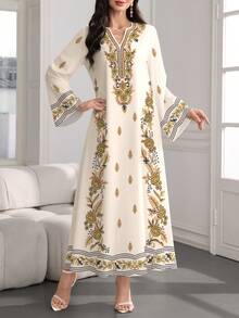 SHEIN Najma Đầm kiểu Ả Rập thanh lịch, cổ chữ V, tay loe, họa tiết hoa retro, thích hợp cho mùa xuân/thu. - Nhiều màu - Xem 3