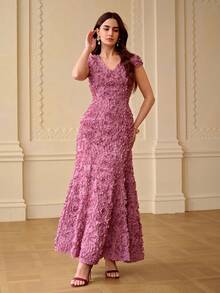 ZEYLAH V-Neck Floral Embroidered Fitted A-Line Dress, Spring/Summer - Violet Purple - View 4