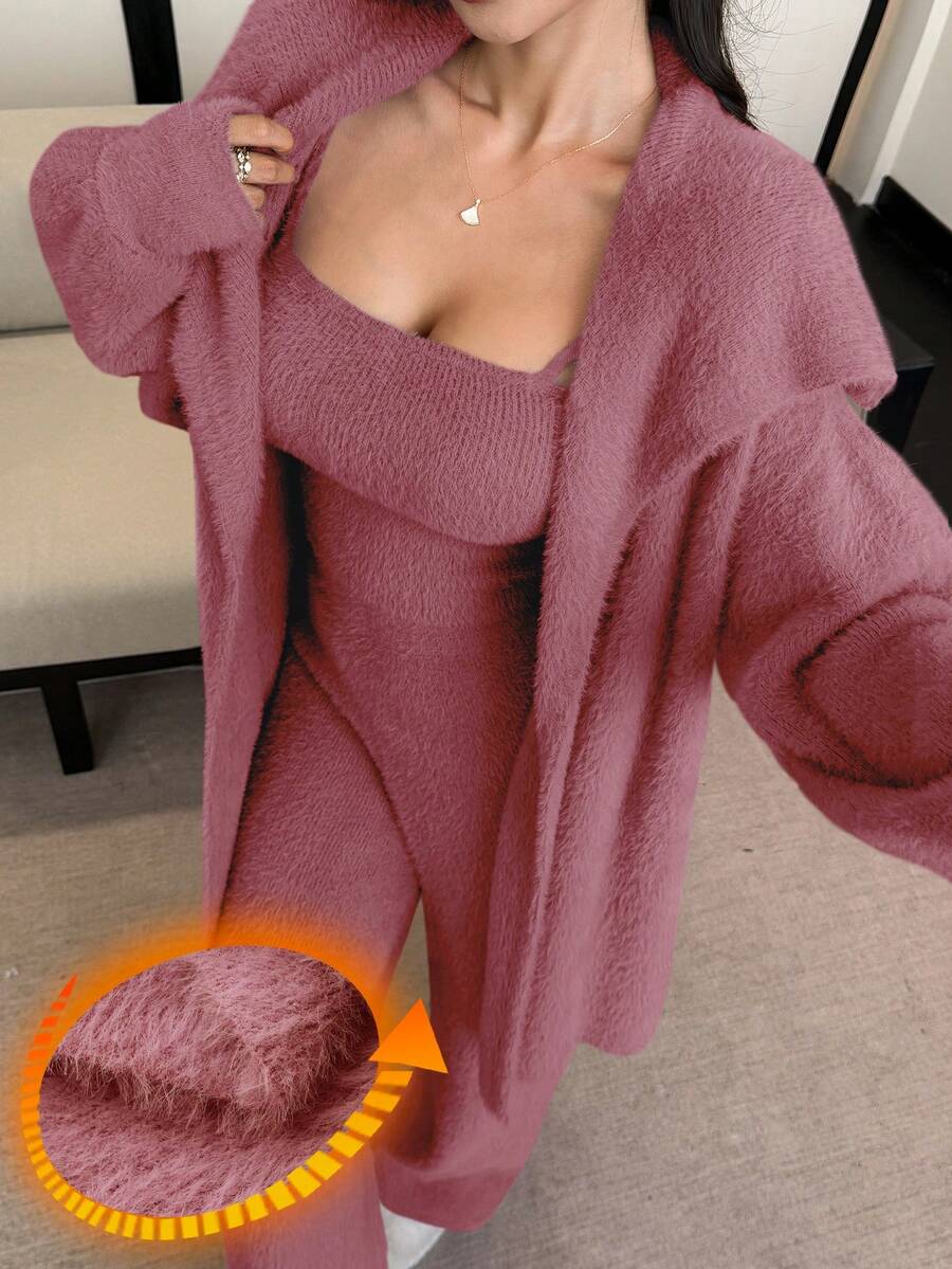 DAZY 3pcs/Set Faux Fur Robe, Camisole & Pants Women Pajama Set, Winter - Hot Pink - View 1