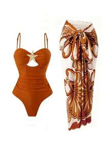 Swim Oasis 女士夏季沙滩度假镂空海星装饰褶皱连体泳衣，带系带长裙 - 棕色 - 查看 1