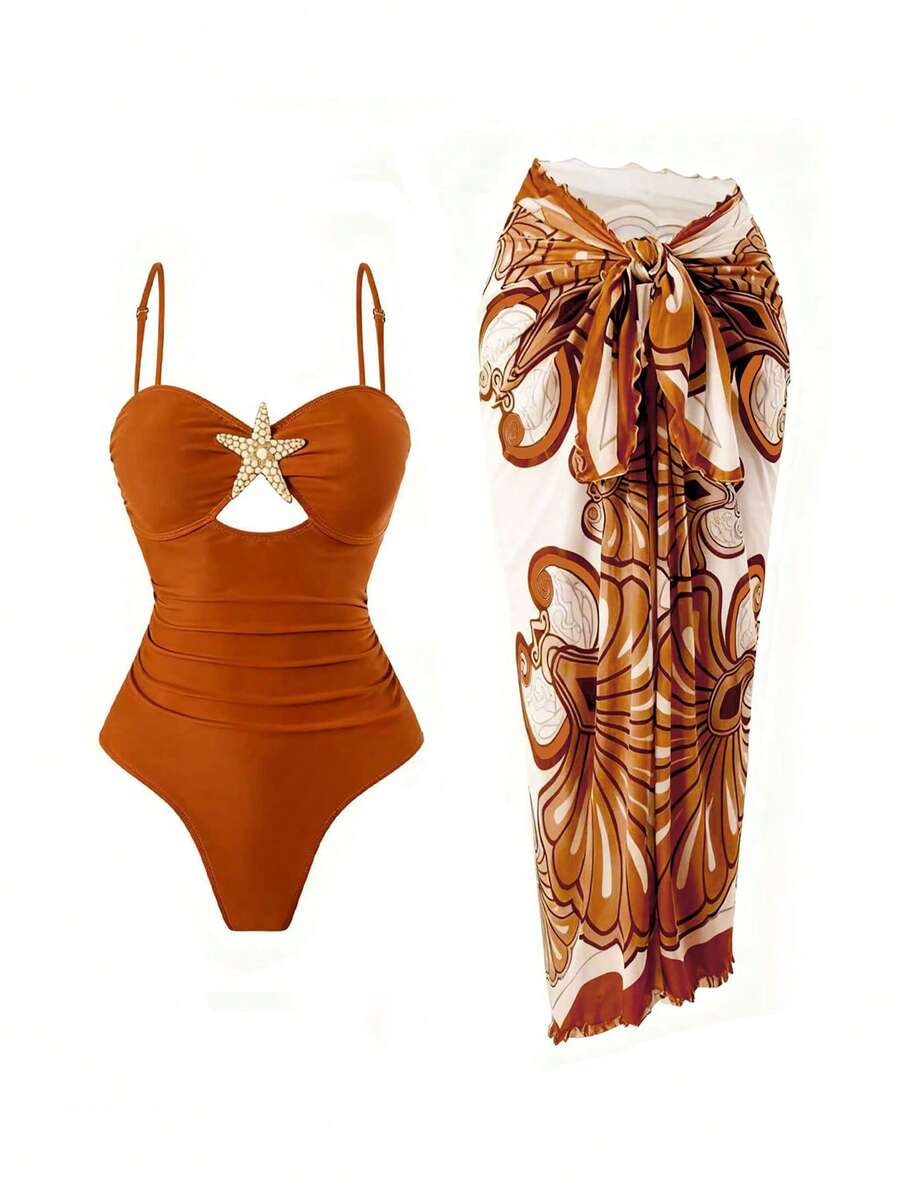 Swim Oasis 女士夏季沙滩度假镂空海星装饰褶皱连体泳衣，带系带长裙 - 棕色 - 查看 1