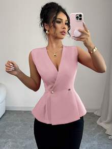 Elenzga Women's Elegant Casual Vacation & Commute Solid Color V-Neck Crossover Double-Breasted Metal Button Pleated A-Line Sleeveless Blouse, Spring/Summer - Baby Pink - View 3
